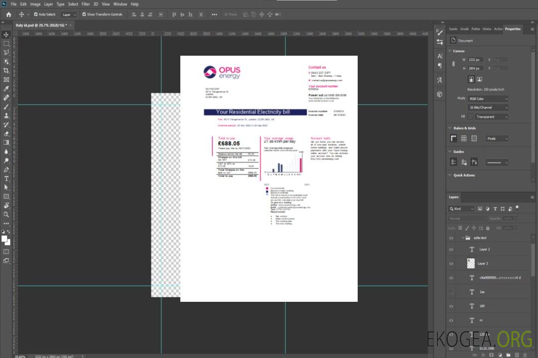 Facture commerciale du service public d'électricité Opus Energy, page 1, SCR template Facture commerciale du service public d'électricité Opus Energy, page 1, SCR template
